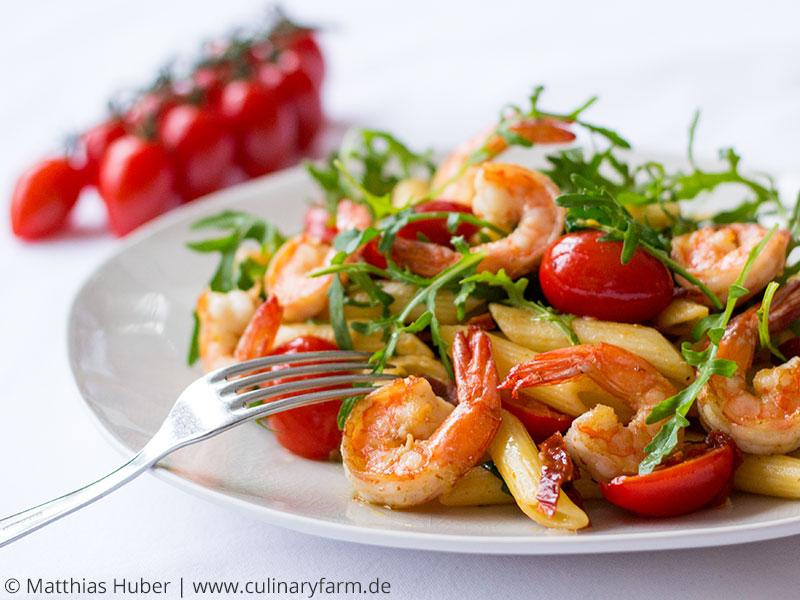 Rezeptbild: Penne Rucola mit Garnelen