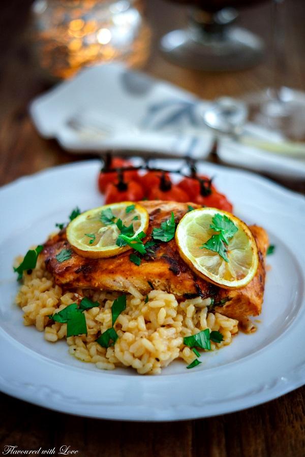 Rezeptbild: Harissa Lachs auf Prosecco Risotto