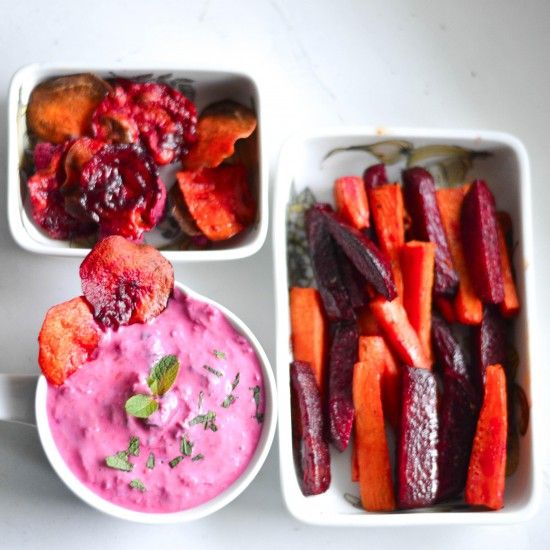Rezeptbild: Rote Bete Tzatziki mit Süßkartoffel und Rote Bete Wedges