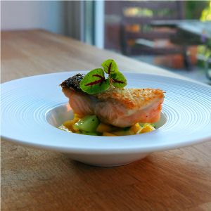Rezeptbild: Mango-Gurkensalat und gebratener Lachs