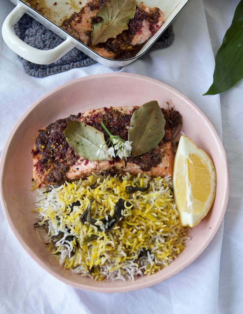 Rezeptbild: Valak Polo ba Mahi - Bärlauchreis mit mariniertem Lachs 