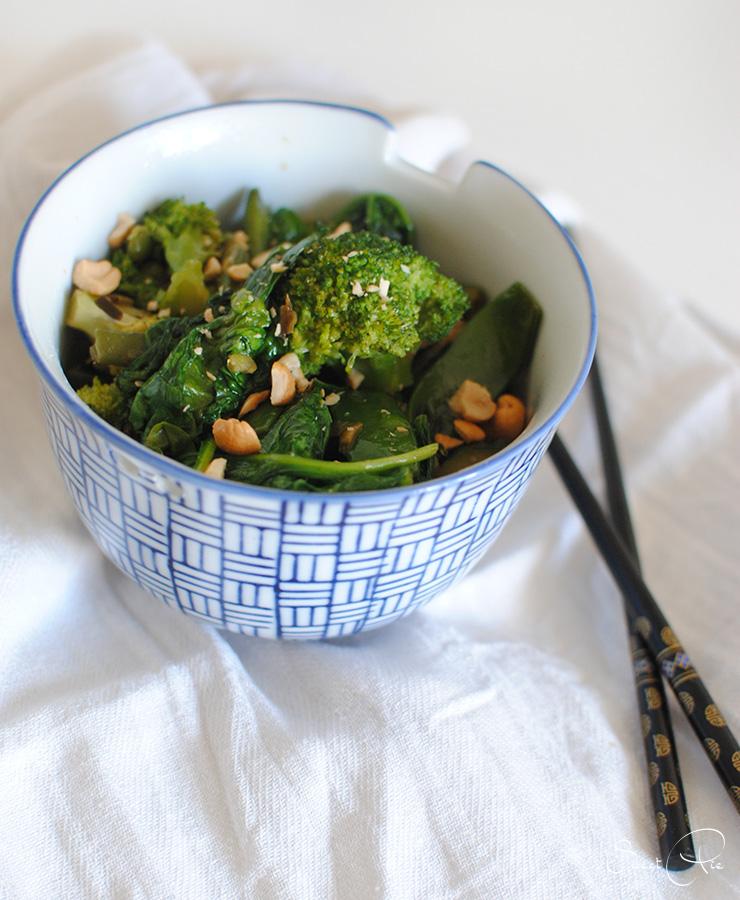 Rezeptbild: grünes Wokgemüse mit Reis