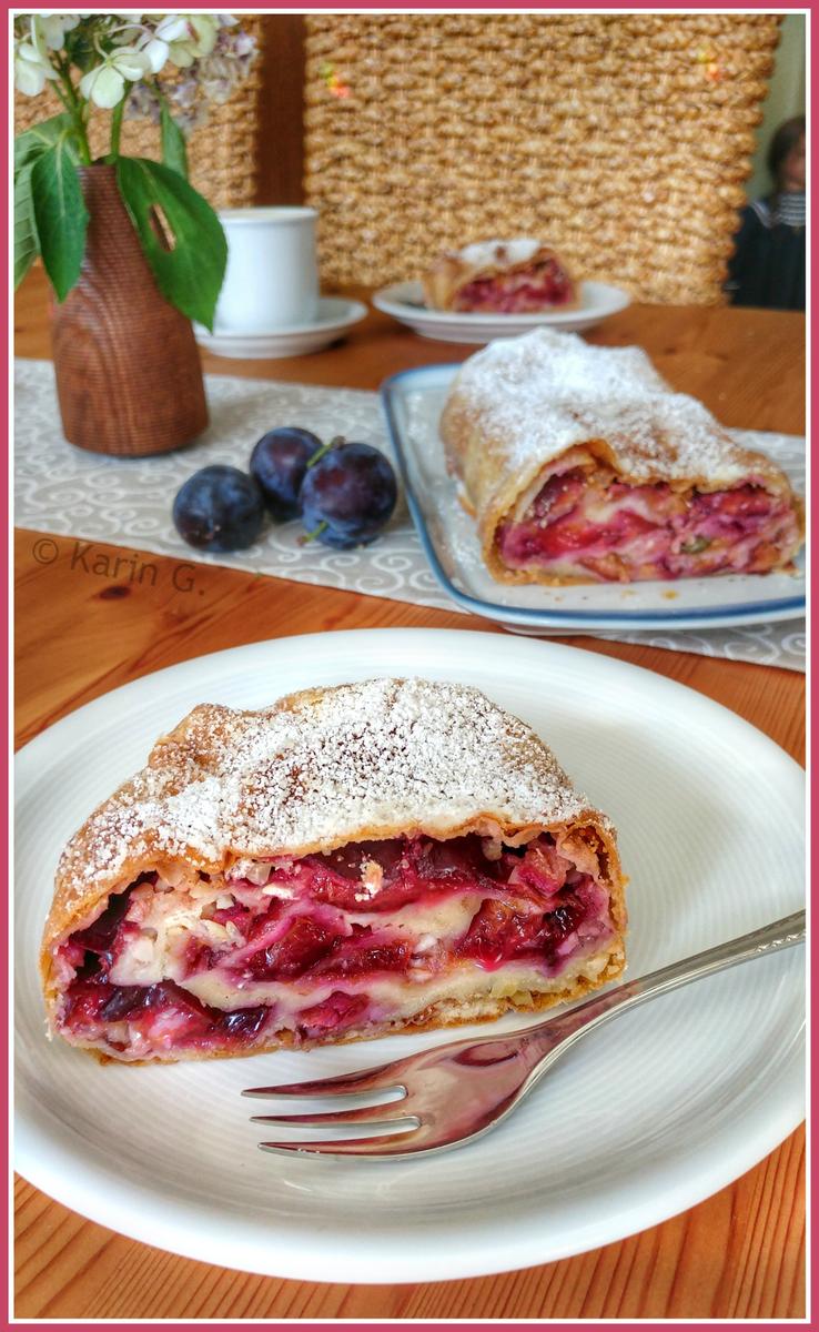 Rezeptbild: Zwetschgen-Strudel mit gehackten Mandeln und Müsli