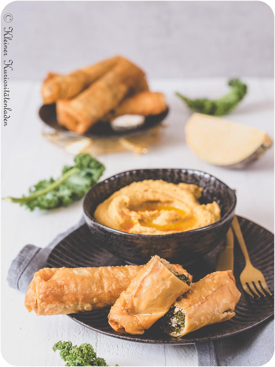 Rezeptbild: Grünkohlbörek mit Steckrübenhummus