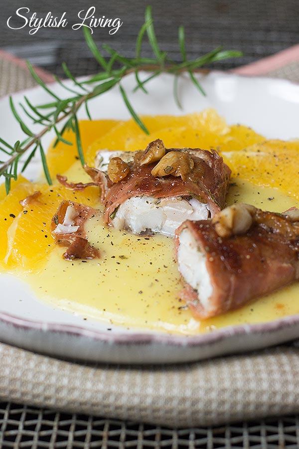 Rezeptbild: Kabeljau im Pancetta-Mantel auf Orangen-Kartoffel-Püree