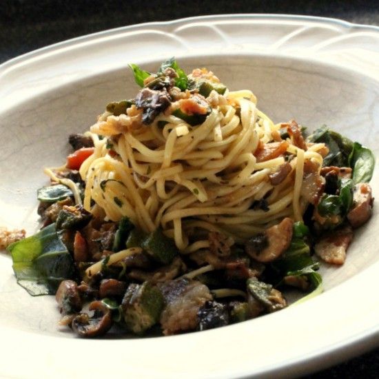 Rezeptbild: Linguine mit Okra, Pilzen und Speck