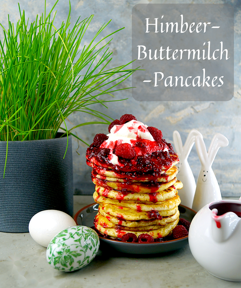 Rezeptbild: Buttermilk Pancakes - Pfannkuchen mit Buttermilch und Himbeersoße