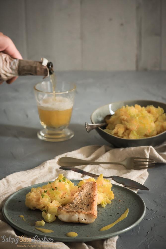 Rezeptbild: Quitten-Kartoffelstampf mit Fischfilet und Safransauce