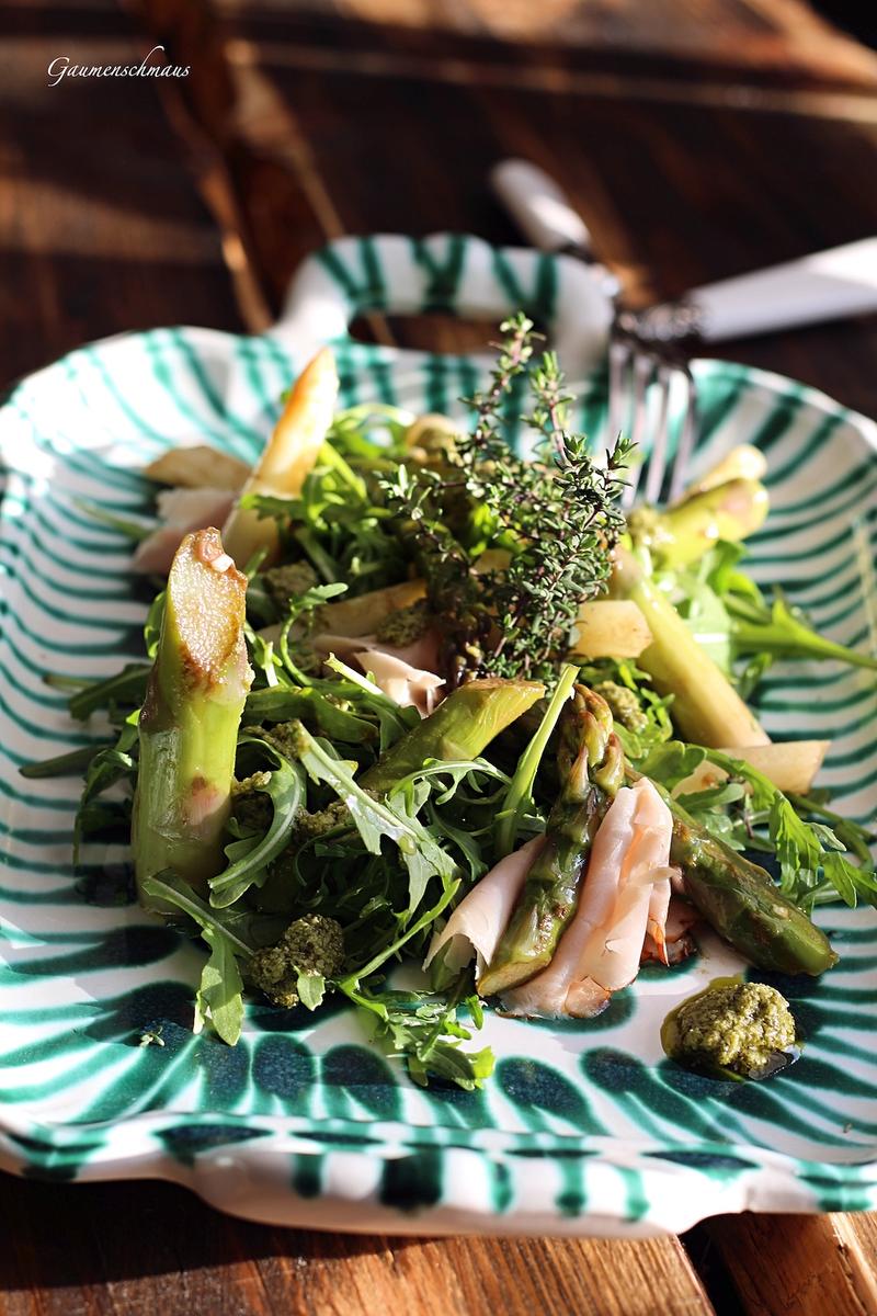 Rezeptbild: Spargelsalat mit Rucola-Schinken und Pesto