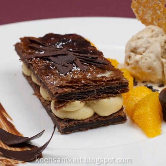 Rezeptbild: millefeuille au chololat, Kandierte Zitrusfrüchte, Macadamiaeis