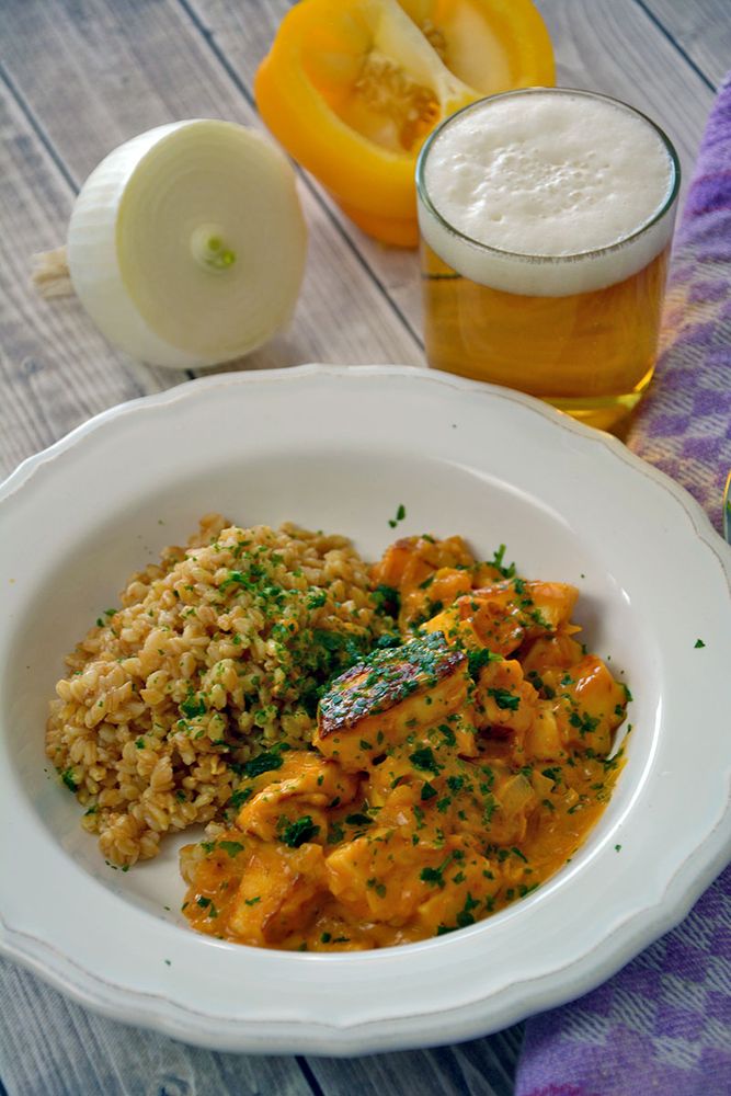 Rezeptbild: Halloumi Stroganoff mit Einkorn