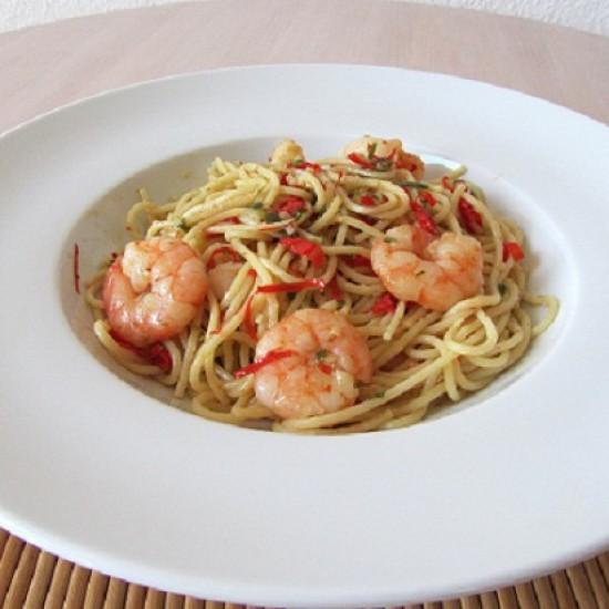 Rezeptbild: Spaghetti con aglio, olio, peperoncino e gamberi