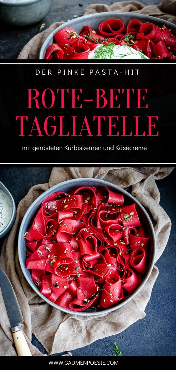 Rezeptbild: Rote-Bete-Tagliatelle mit gerösteten Kürbiskernen und Käsecreme