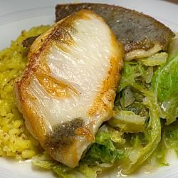 Rezeptbild: Steinbutt auf Senfrisotto mit karamellisiertem Wirsing