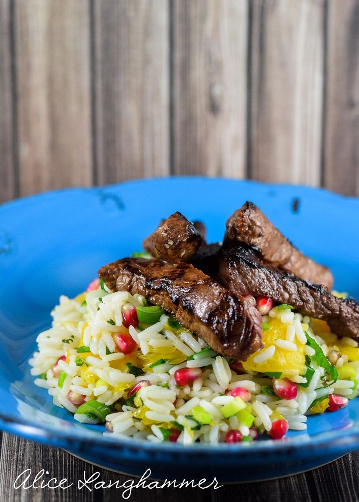 Rezeptbild: Bunter Reis mit Rinderhüftsteak