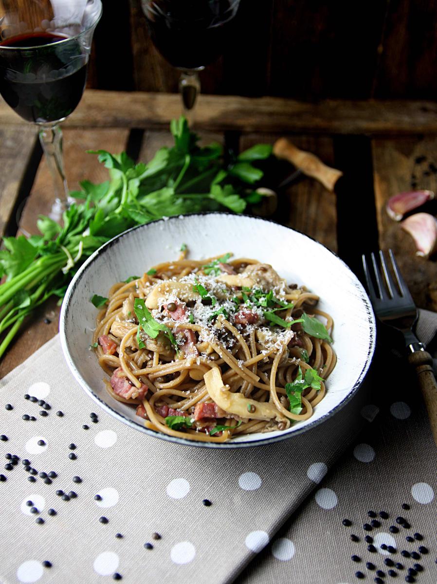 Rezeptbild: Vollkornspaghetti mit Linsen und Speck