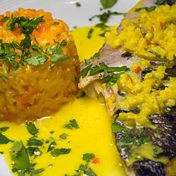 Rezeptbild: Tigerwels mit Karottenrisotto und Ingwersauce