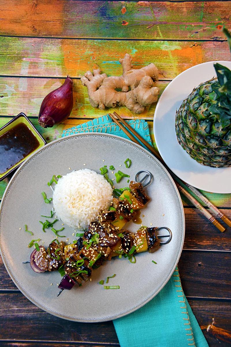 Rezeptbild: Teriyaki Rindfleisch Spieße mit Reis