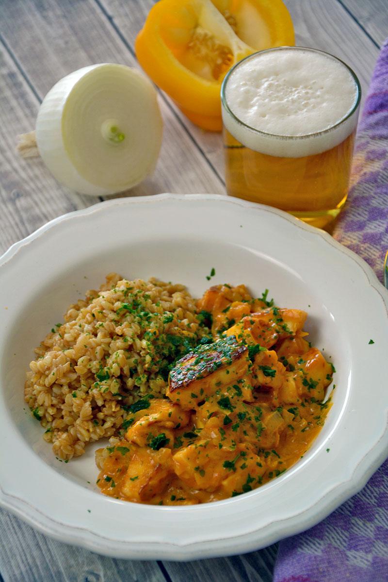Rezeptbild: Halloumi Stroganoff mit Einkorn