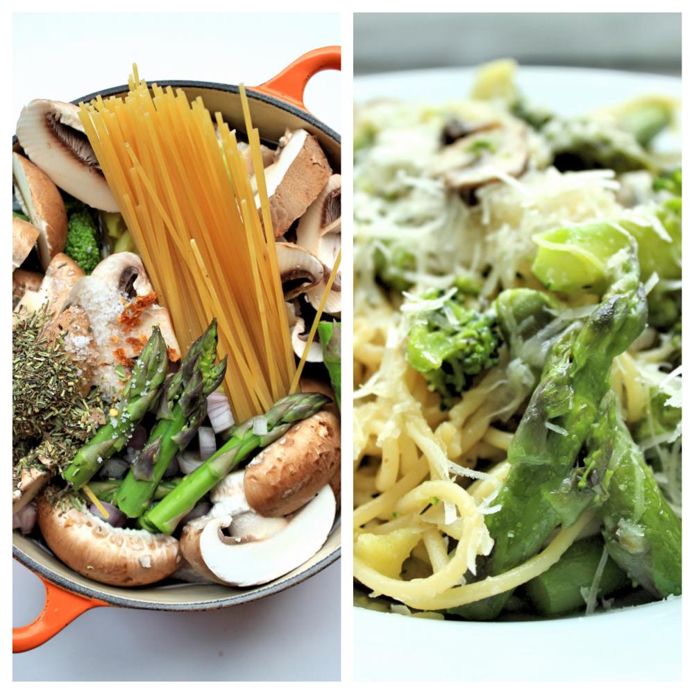 Rezeptbild: ONE POT PASTA MIT GRÜNEM SPARGEL, PILZEN UND BROKKOLI