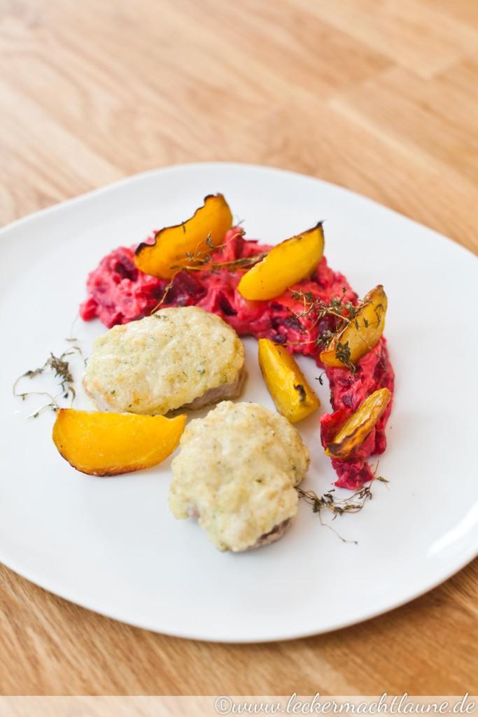 Rezeptbild: Gratiniertes Schweinefilet auf zweierlei Beete