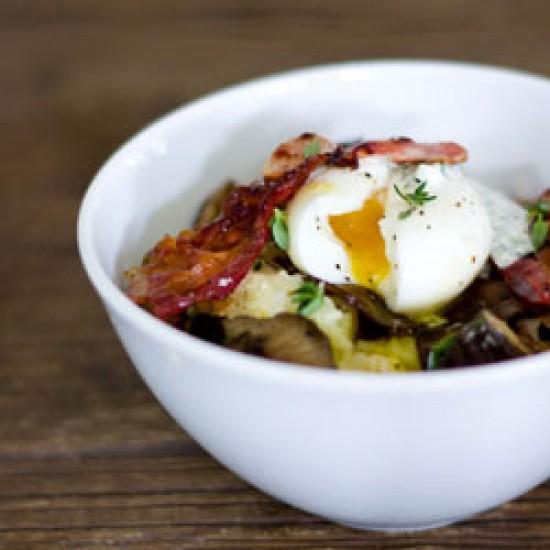 Rezeptbild: Katroffelstampf mit Shiitake Pilzen, Bacon und Ei