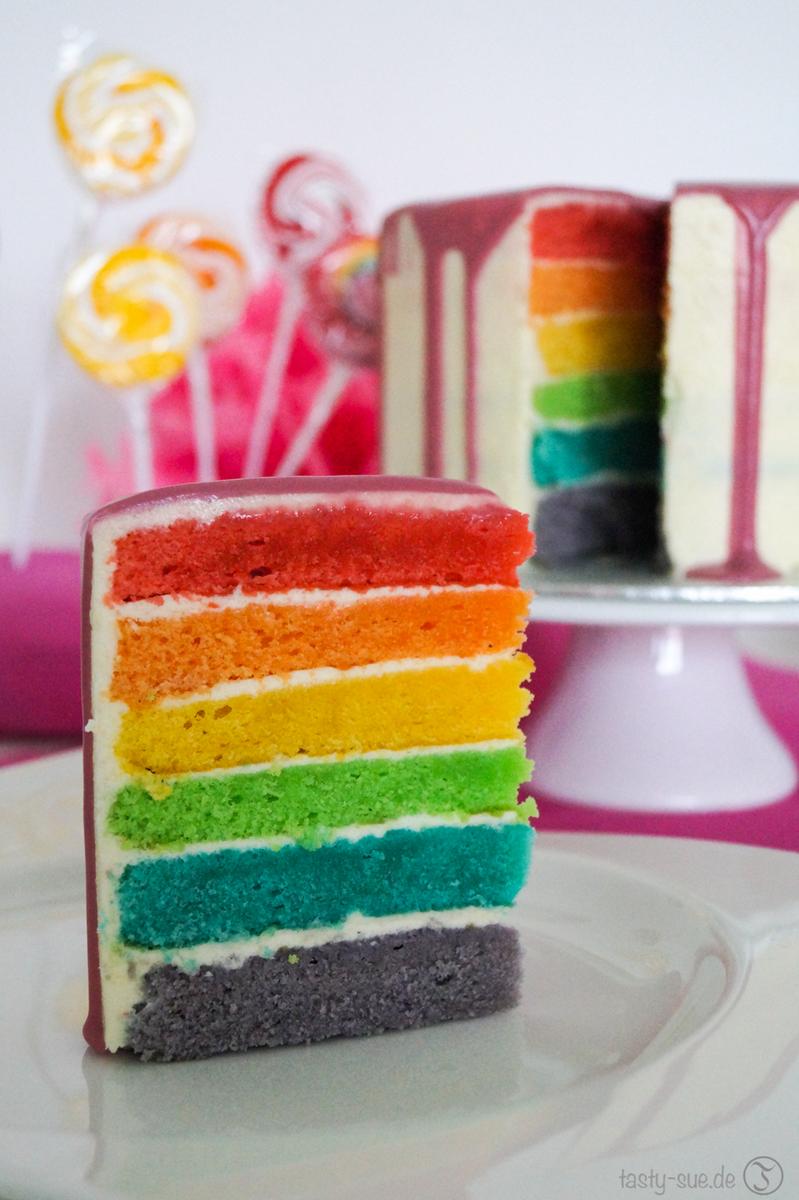 Rezeptbild: Dripping Rainbow Cake – Regenbogenkuchen mit Trendglasur