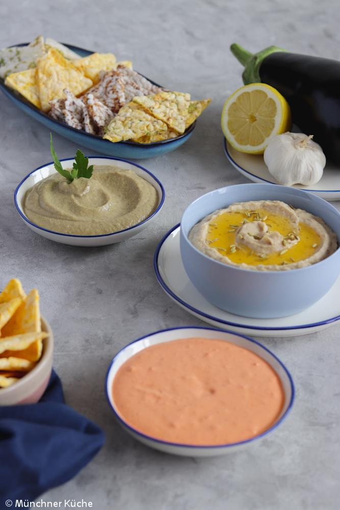 Rezeptbild: Baba Ghanoush, Tomaten-Ajvar-Dip & Weiße-Bohnen-Dip