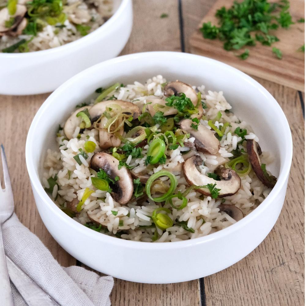 Rezeptbild: Einfaches Rezept für One-Pot-Reis mit Champignons & Lauch