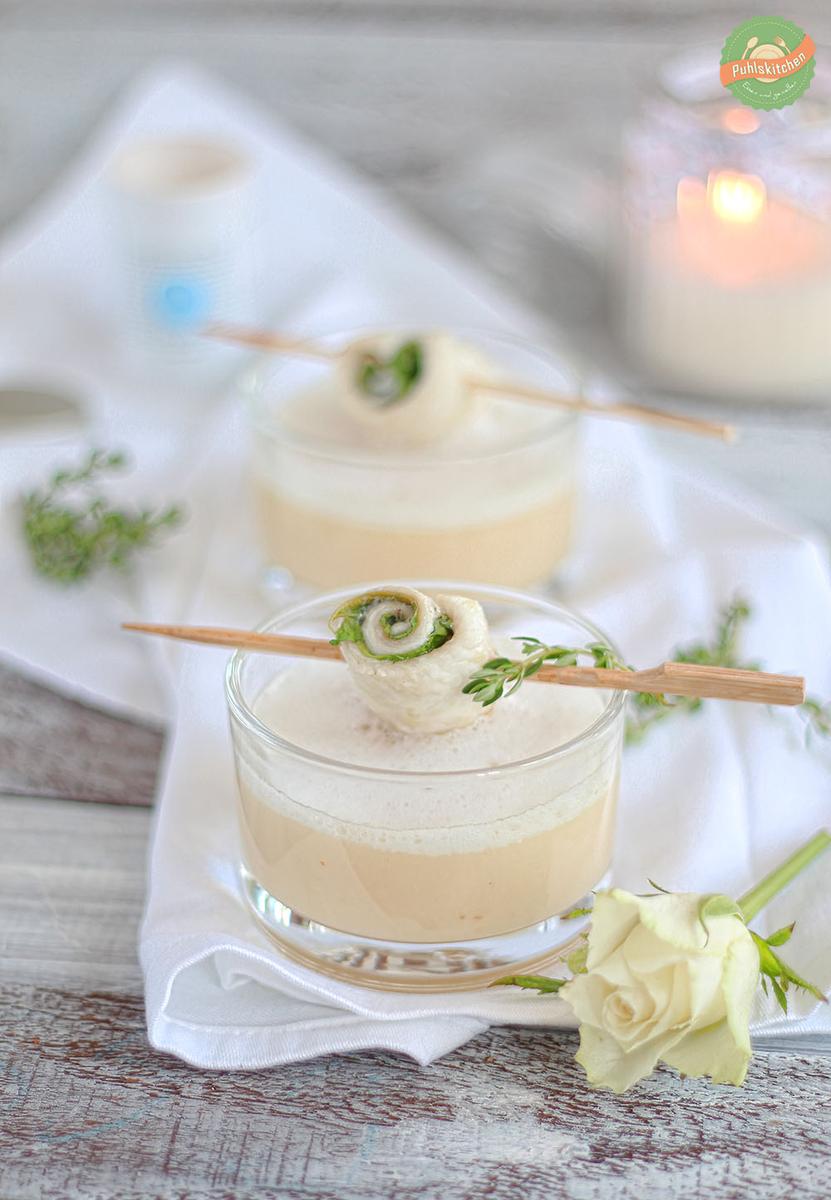 Rezeptbild: Sellerie-Apfel-Suppe mit Schollen-Trüffel-Röllchen