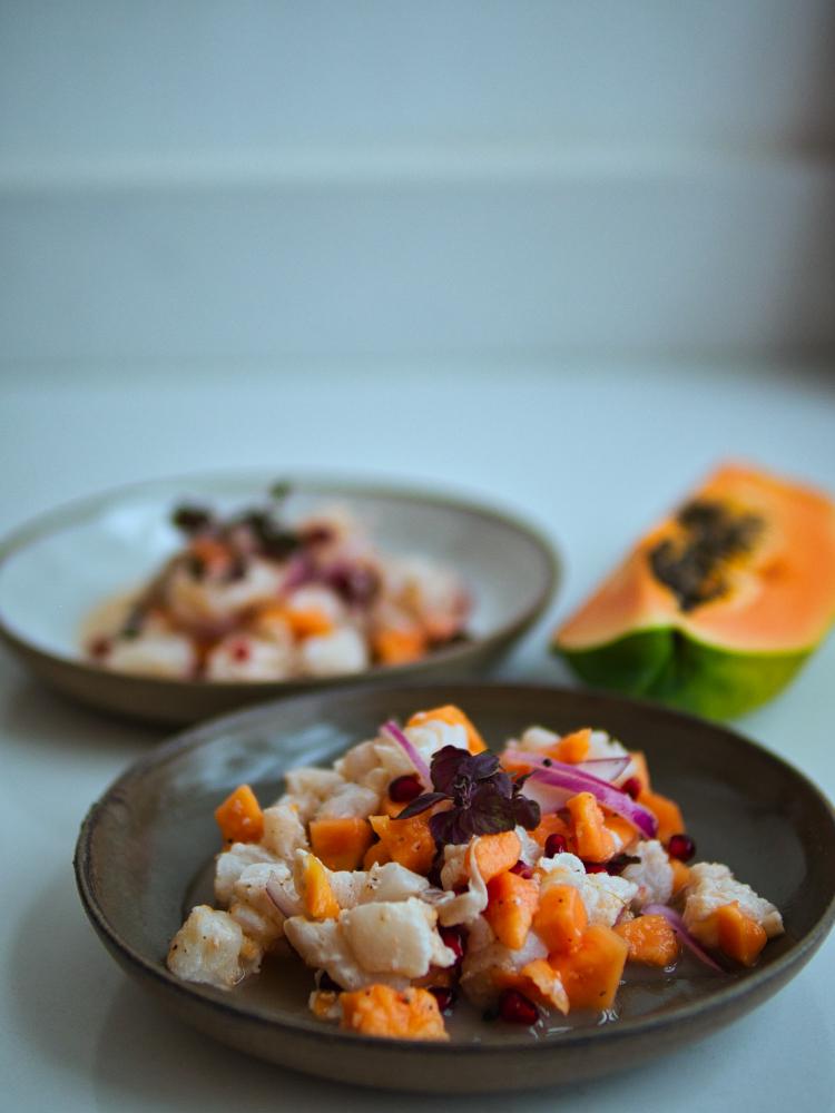 Rezeptbild: Ceviche vom Kabeljau mit Papaya und Granatapfel