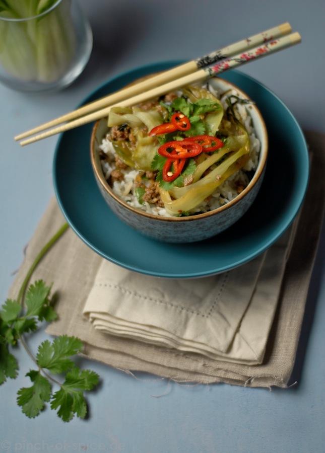 Rezeptbild: Pak Choi mit Lammhackfleisch