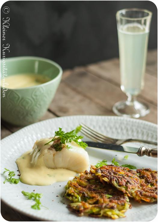 Rezeptbild: Confierter Kabeljau mit Spargelrösti und Sauce Mousseline