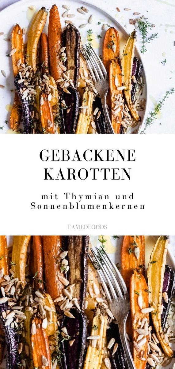 Rezeptbild: Geröstete Karotten aus dem Backofen mit Thymian und Sonnenblumenkernen