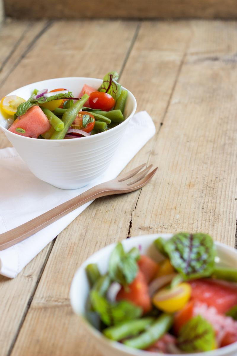 Rezeptbild: Bohnensalat mit Blutampfer, Wassermelone und Tomaten
