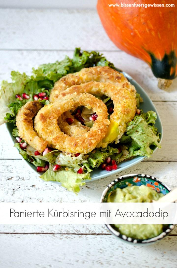Rezeptbild: Panierte Kürbisringe mit Avocadodip vegan