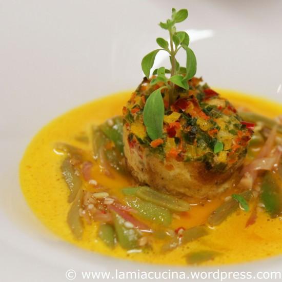 Rezeptbild: Gemüse-Brioche-Flan auf Karottensauce mit Cocobohnen