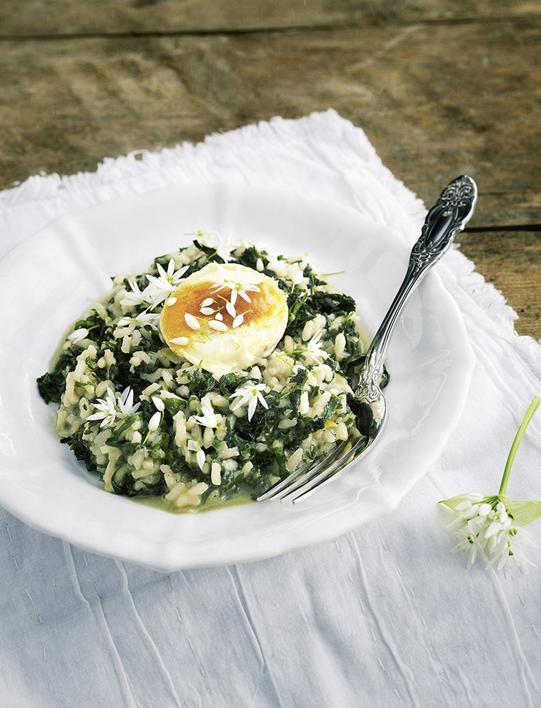 Rezeptbild: Brennesselrisotto mit gratiniertem Ziegenkäse und Bärlauchblüten