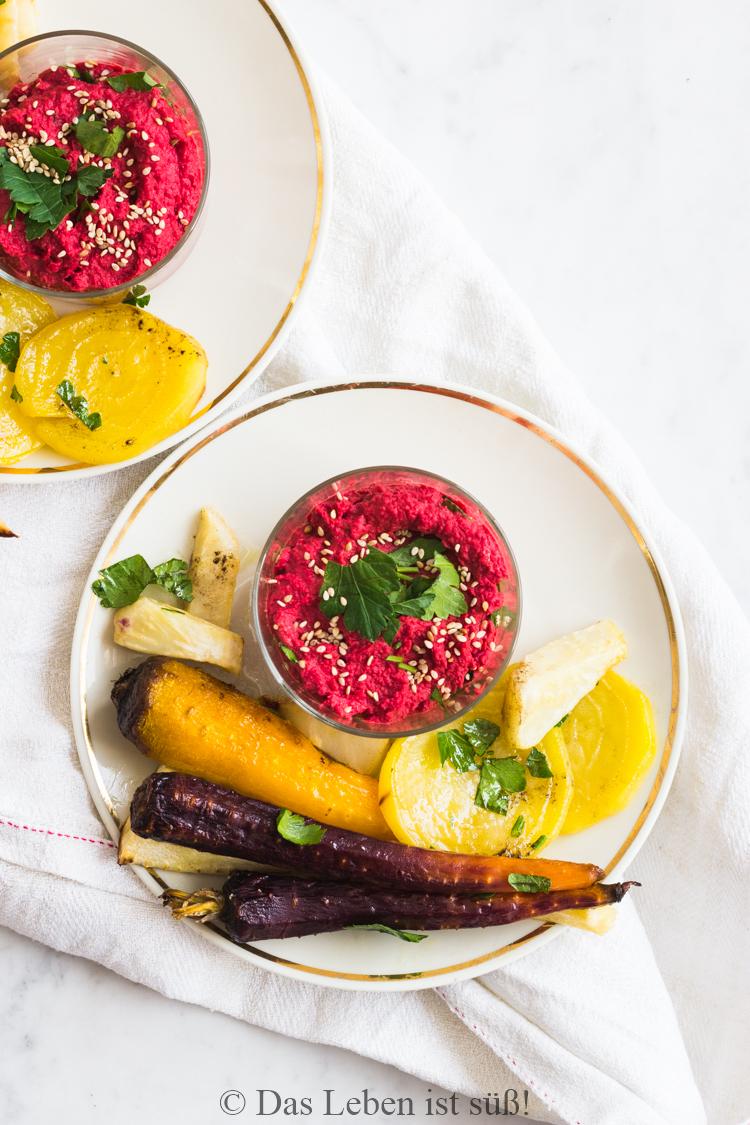 Rezeptbild: Ofengemüse mit Rote Bete Hummus 
