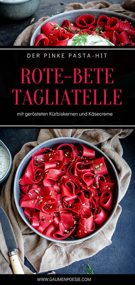 Rezeptbild: Rote-Bete-Tagliatelle mit gerösteten Kürbiskernen und Käsecreme