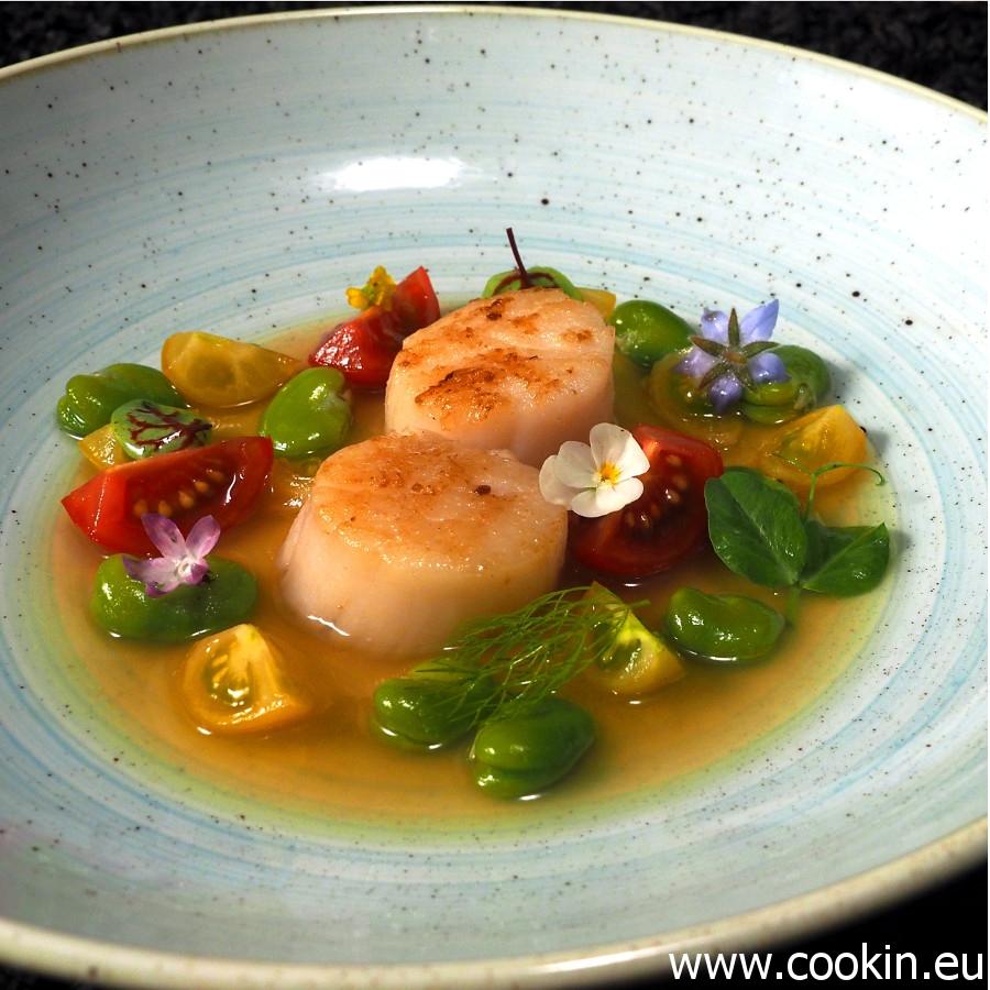 Rezeptbild: Jakobsmuscheln, rote und gelbe Tomaten, dicke Bohnen, Fischsud
