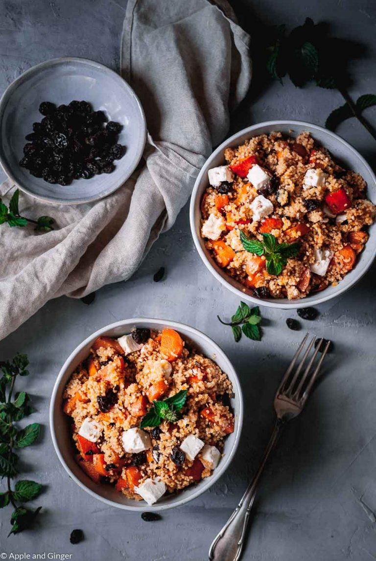 Rezeptbild: Orientalischer Couscous Salat mit Kürbis, Möhren, Feta und Rosinen