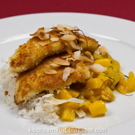 Rezeptbild: gebackener Kabeljau, Mangoragout und Kokosreis