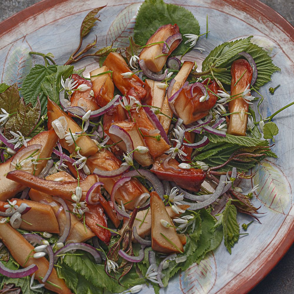 Rezeptbild: Schwefelporling auf einem Salat aus Baumblättern