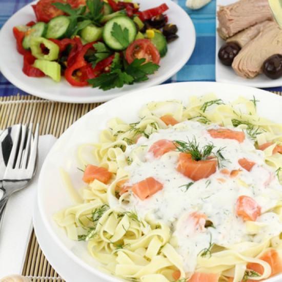Rezeptbild: Gemüse Penne mit Lachs und Shrimps