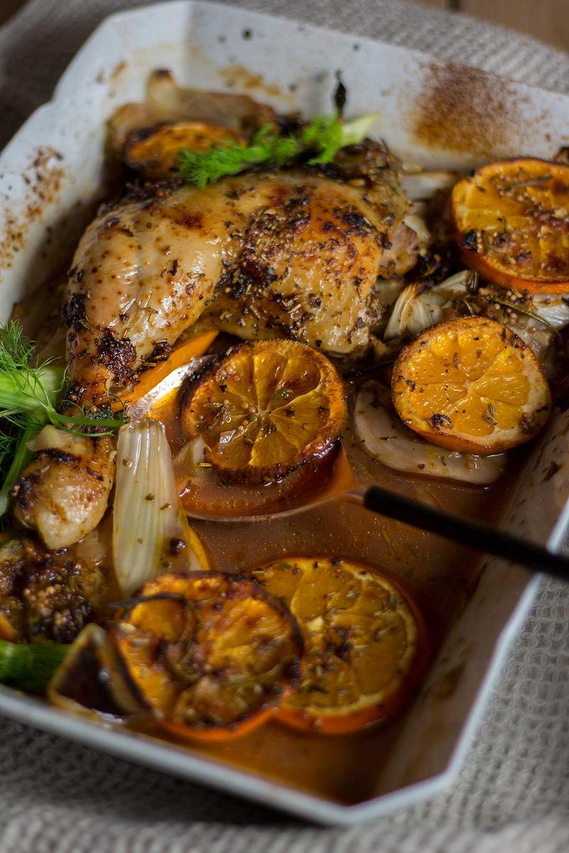 Rezeptbild: Ofenhähnchen mit Fenchel und Orangen in Portweinsauce