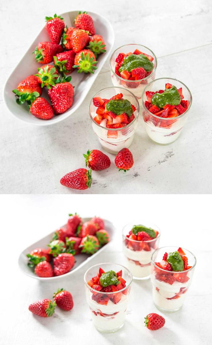 Rezeptbild: Erdbeeren mit Pistazien Minzpesto auf Vanille Quark Creme