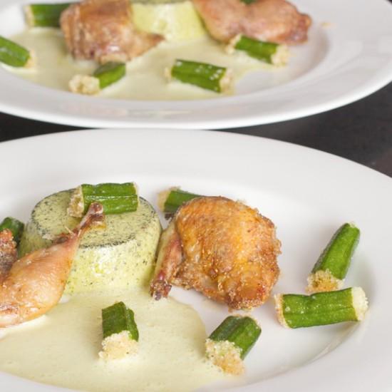 Rezeptbild: Sauerampferpudding, Okra und Wachtel