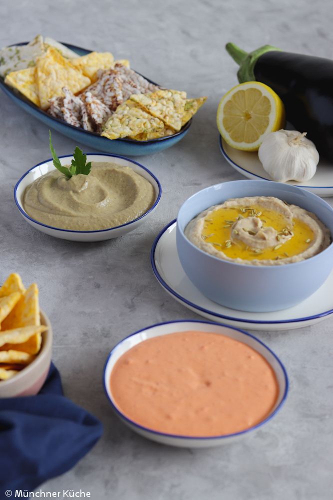 Rezeptbild: Baba Ghanoush, Tomaten-Ajvar-Dip & Weiße-Bohnen-Dip
