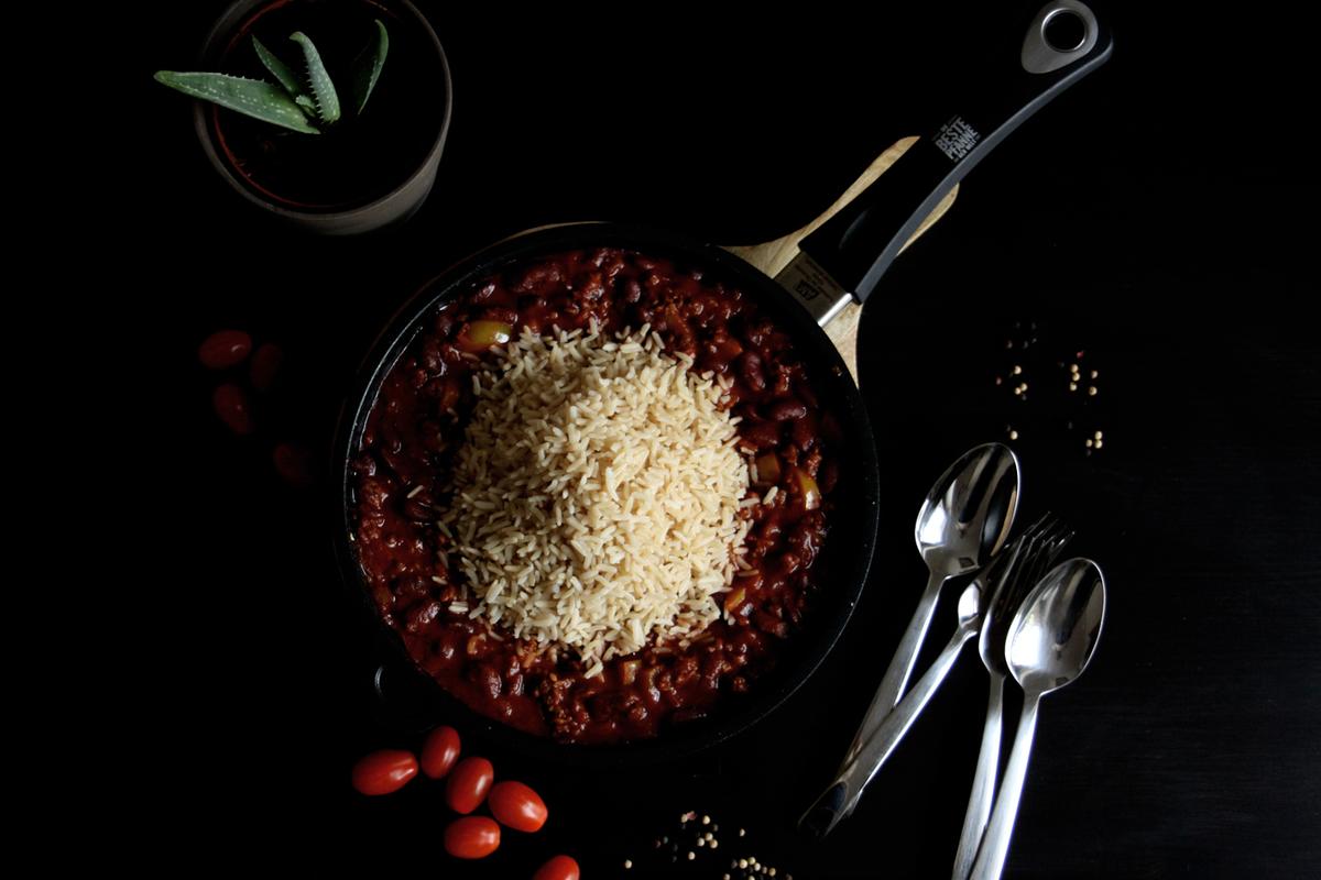 Rezeptbild: Bohnen-Hackfleisch-Pfanne mit Reis